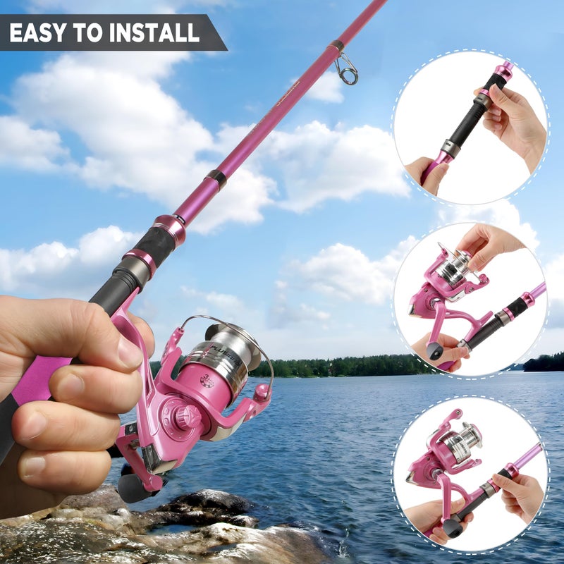 PLUSINNO Fishing Rod and Reel Combos, Fishing Gear Gifts for Women with Spinning Reel, Lures, Line, Pink Ladies Telescopic Pole Kit Designed for Girls Adults by PLUSINNO - Image 3